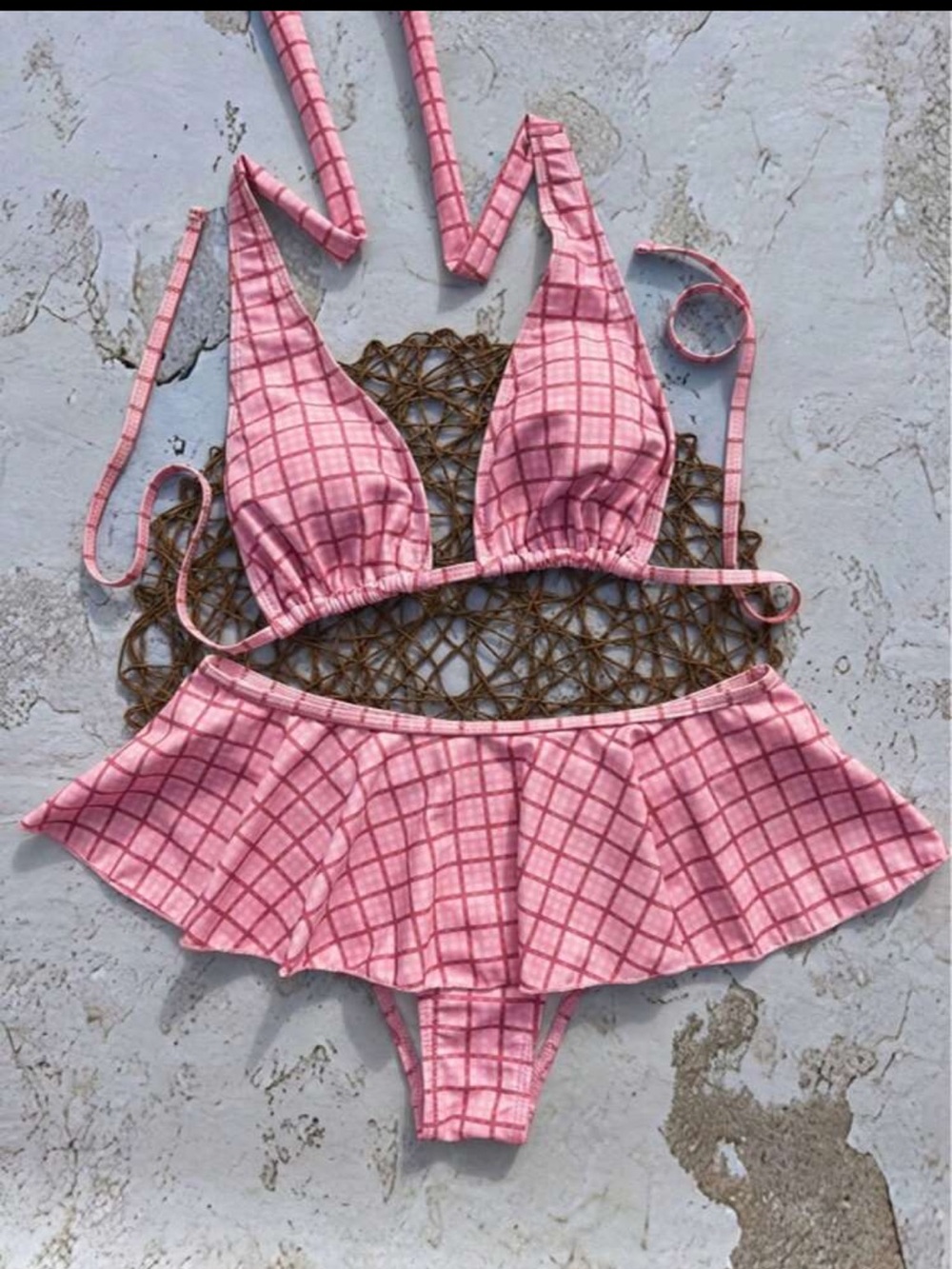 NEVER WORN - SHEIN Pink Plaid Two-Piece Bandeau Bikini with Skirted Bottom